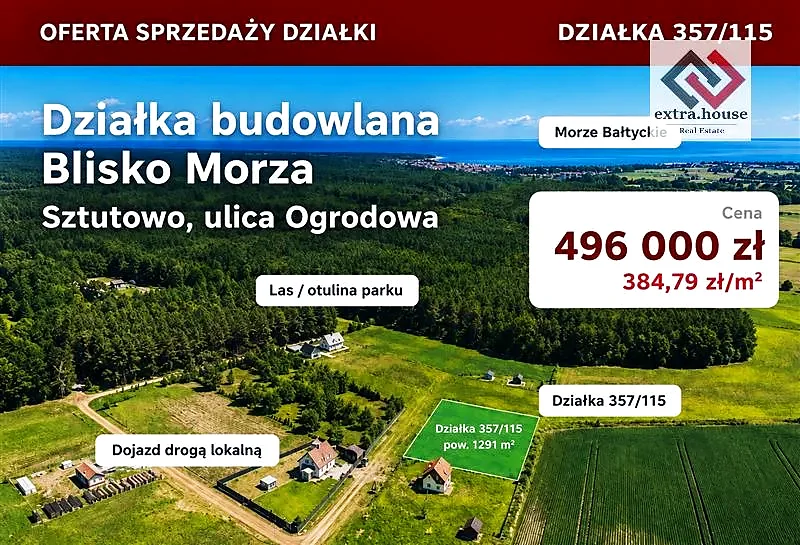 Baner oferty działki 357/115 przy ul. Ogrodowej w Sztutowie z widokiem z lotu ptaka